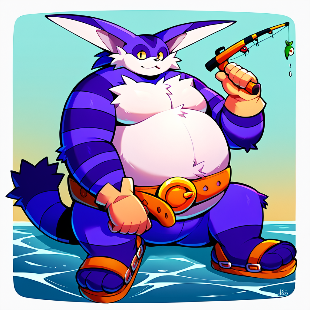 score_9, score_8_up, score_7_up, score_6_up, score_5_up, score_4_up, source_furry,  <lora:Big_The_Cat_V2_Sonic_The_Hedgehog_PonyXL:1> big the cat, big, cat, furry, fat, obese, purple skin, white fluffy belly, yellow sclera, long ears, stripey arms, stripey tail, gloves, belt, sandals, three toes, purple feet,  fishing, looking at viewer, lake background