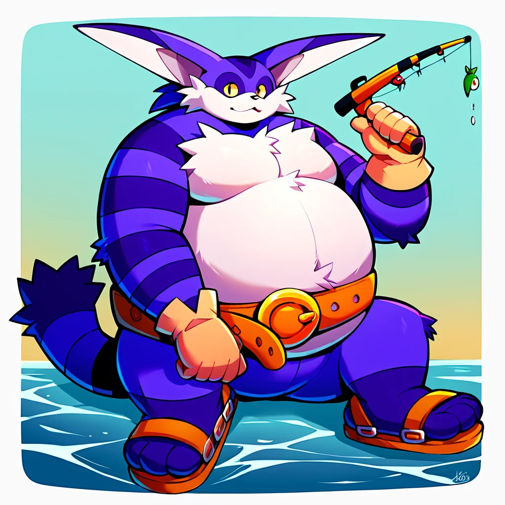score_9, score_8_up, score_7_up, score_6_up, score_5_up, score_4_up, source_furry, <lora:Big_The_Cat_V2_Sonic_The_Hedgehog_PonyXL:1> big the cat, big, cat, furry, fat, obese, purple skin, white fluffy belly, yellow sclera, long ears, stripey arms, stripey tail, gloves, belt, sandals, three toes, purple feet, fishing, looking at viewer, lake background