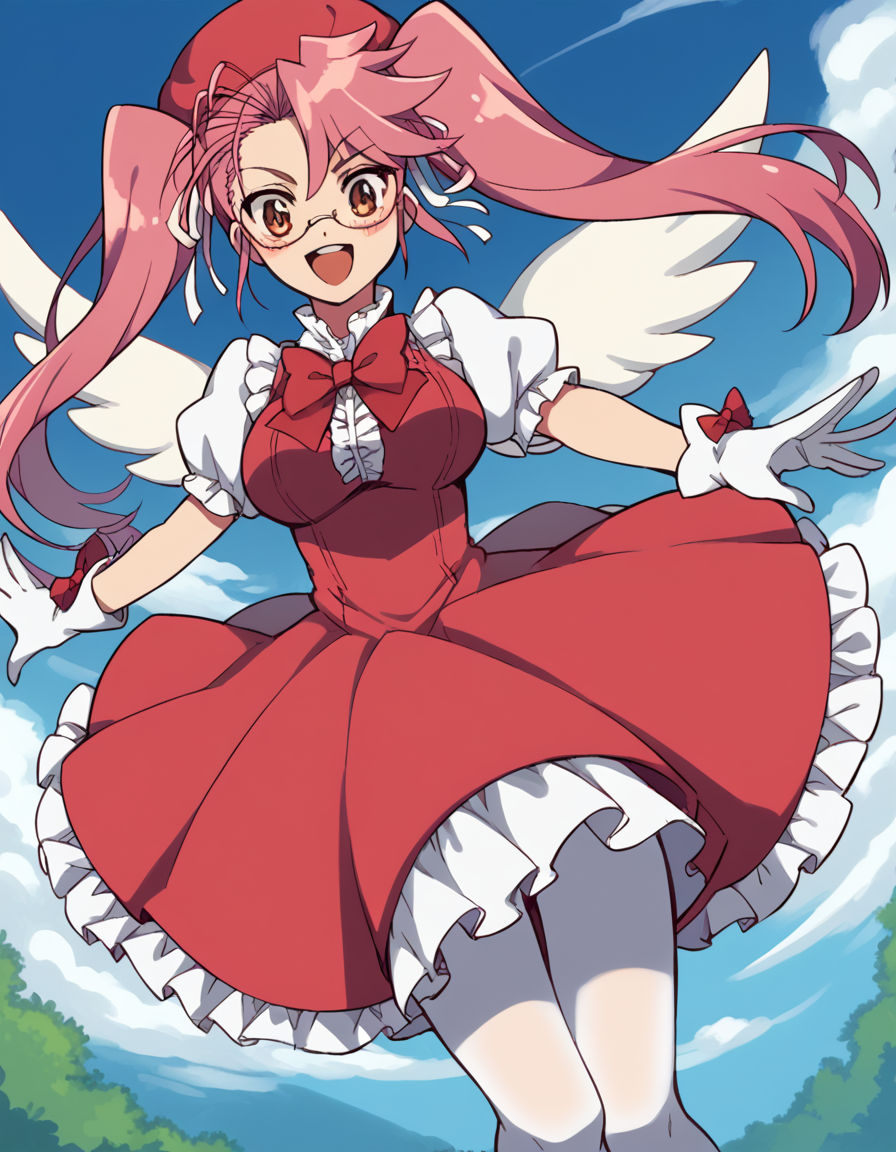 score_9, score_8_up, score_7_up, source_anime, sayatakagi, <lora:saya-takagi-ponyxl-lora-nochekaiser:1>, saya takagi, long hair, ribbon, twintails, brown eyes, hair ribbon, pink hair, glasses, large breasts,, <lora:sakura-kinomoto-cosplay-ponyxl-lora-nochekaiser:1>, sakurakinomotocosplay, kinomoto sakura \(cosplay\), bow, bowtie, dress, gloves, hat, magical girl, pantyhose, petticoat, ppuffy short sleeves, puffy sleeves, red bow, red bowtie, red dress, red hat, short sleeves, white gloves, white pantyhose, white wings, wings,, outdoors, open mouth, blush, smile, flying,, cowboy shot, dutch angle, solo,