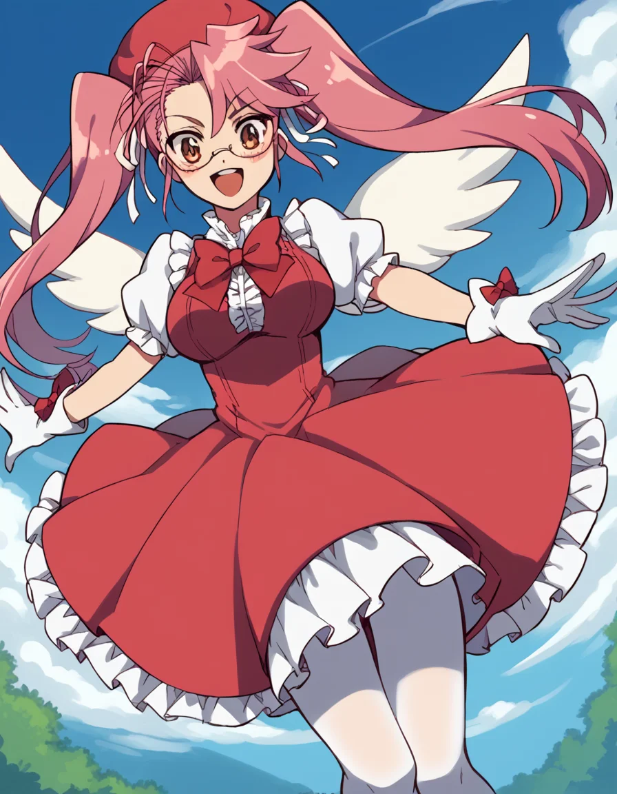 score_9, score_8_up, score_7_up, source_anime, sayatakagi, <lora:saya-takagi-ponyxl-lora-nochekaiser:1>, saya takagi, long hair, ribbon, twintails, brown eyes, hair ribbon, pink hair, glasses, large breasts,, <lora:sakura-kinomoto-cosplay-ponyxl-lora-nochekaiser:1>, sakurakinomotocosplay, kinomoto sakura \(cosplay\), bow, bowtie, dress, gloves, hat, magical girl, pantyhose, petticoat, ppuffy short sleeves, puffy sleeves, red bow, red bowtie, red dress, red hat, short sleeves, white gloves, white pantyhose, white wings, wings,, outdoors, open mouth, blush, smile, flying,, cowboy shot, dutch angle, solo,