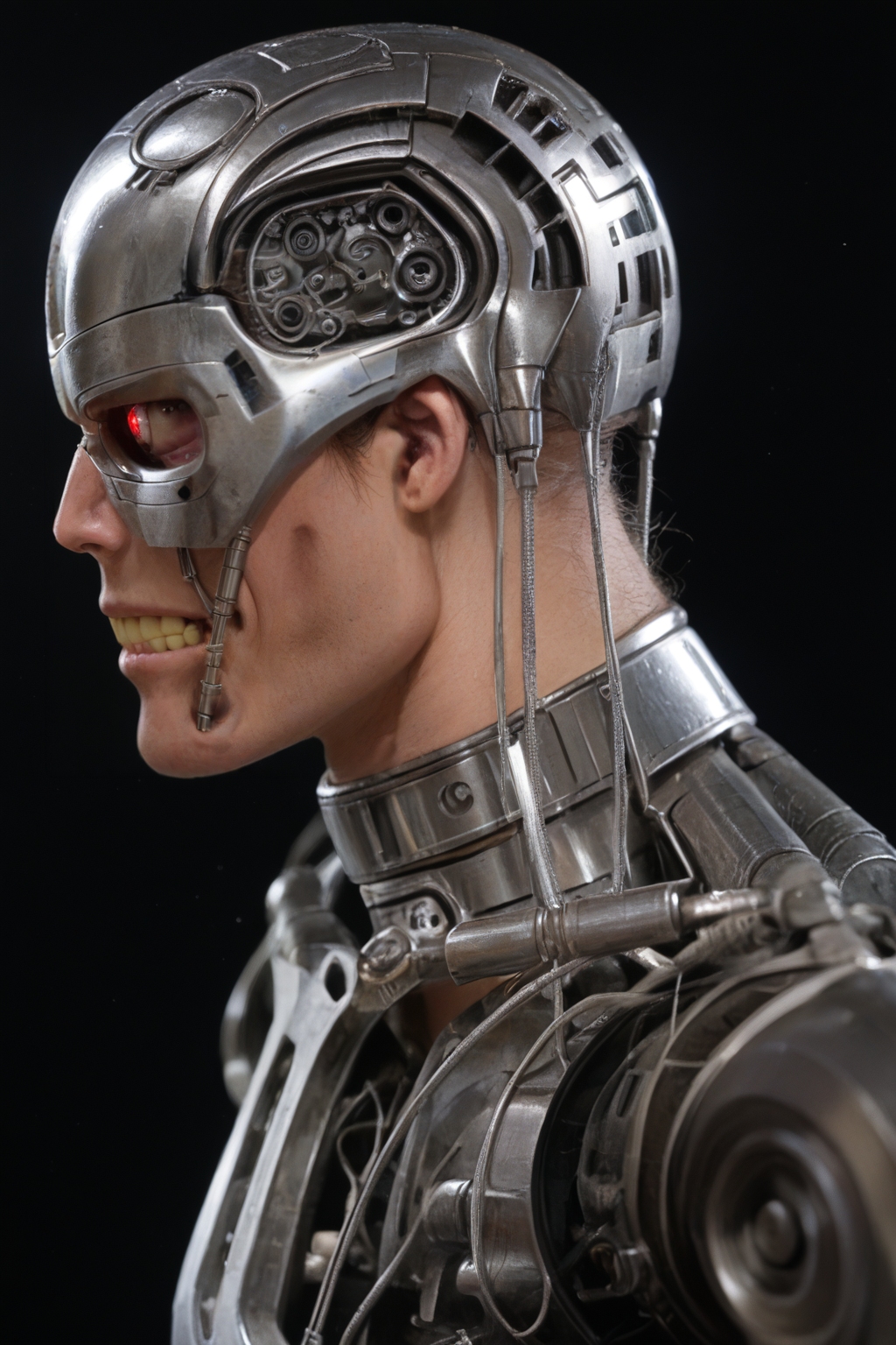 T800_Endo, Terminator robot, score_9, score_8_up, score_7_up, (source_IRL, source_movie), cinematic, realistic, masterpiece, high quality, highres RAW photo, ((close-up shot, close-up head shot, side profile view, from the side))
a T800_Endo Terminator Robot with red eyes, he is made of metal, he is made of shiny chrome metal, new, clean, <lora:T800_Endo_Terminator_Pony-000010:1>
(standing)
black background
dynamic lighting, highly detailed, intricate details