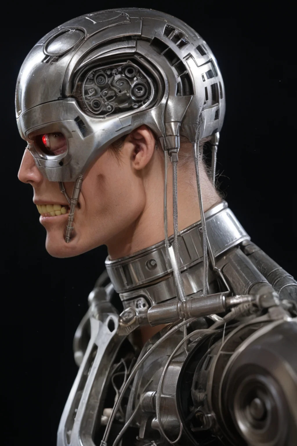 T800_Endo, Terminator robot, score_9, score_8_up, score_7_up, (source_IRL, source_movie), cinematic, realistic, masterpiece, high quality, highres RAW photo, ((close-up shot, close-up head shot, side profile view, from the side))
a T800_Endo Terminator Robot with red eyes, he is made of metal, he is made of shiny chrome metal, new, clean, <lora:T800_Endo_Terminator_Pony-000010:1>
(standing)
black background
dynamic lighting, highly detailed, intricate details