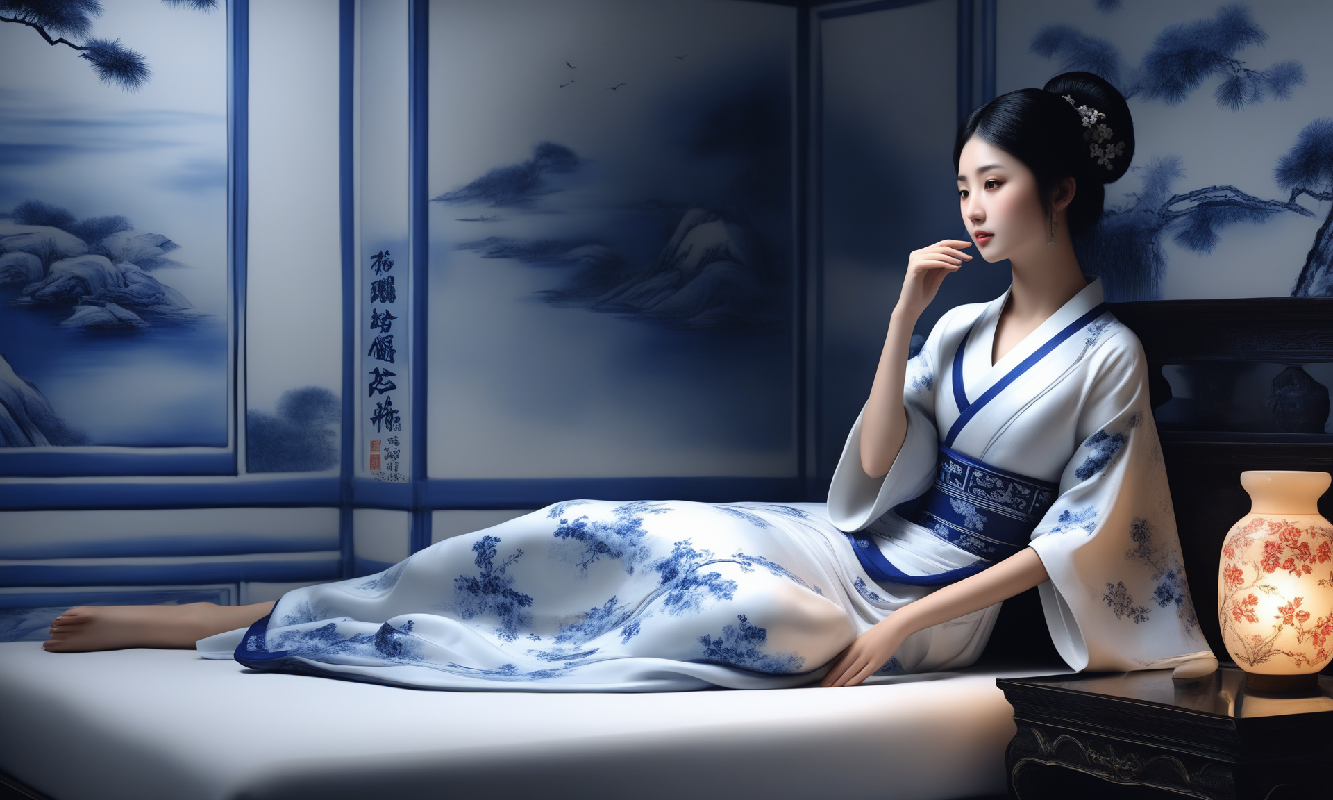 <lora:bwporcelaincd_xl-000007:0.7>, a girl setting on a bed made of (bwporcelaincd_xl, blue and white porcelain, porcelain:1.2, shiny:1.3, solo:1.3) in bedroom, indoors, black hair, japanese girl,chinese clothes, china dress, (Unbelievable Digital Artwork:1.3), CGSociety, ArtStation, master works, 8K,HDR,UHD,masterpiece,best quality,highly detailed,emotional,harmonious,high budget,moody,epic,gorgeous,high resolution,perfect lighting,finely detail,extremely detailed,ultra detailed,realistic,photorealistic,huge filesize,photographic,real,wallpaper,moody lighting,volumetric lighting,reality ray tracing