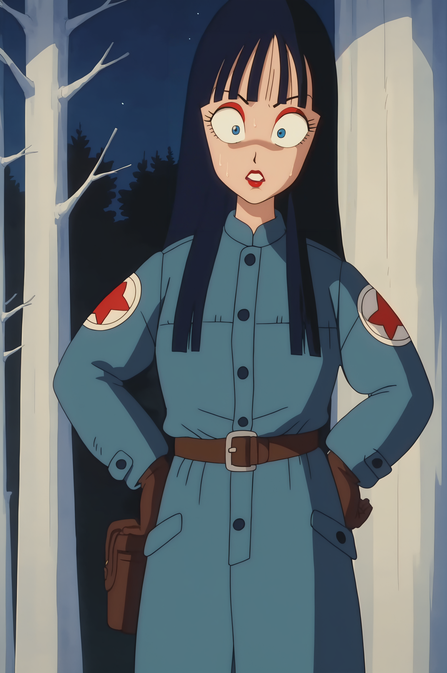 source_anime, score_9, score_8_up, score_7_up, anime screencap, absurdres, 
agent mai, official style, 1girl, solo, black hair, long hair, hime cut, big forehead, blue eyes, eyelashes, red eyeliner, lipstick, military uniform, long coat, teal topwear, print sleeves, star symbol, white print, brown gloves, brown belt, pouch, sweat, constricted pupils, wide-eyed, dark sky, night, full body, standing, hands on hips, looking at viewer, forest, tree, scared
 <lora:ohmai_pony_v1:0.8>