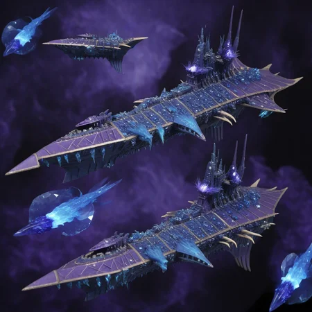 <lora:Chaos_Warfleet_-_Warhammer_40000_SDXL:1>chaoswarfleet, blue battleship,space,warp,distortion,nightmare,beaks,claws,fog,crystals,towers,stingrays,birds,fish,shards,blue fire,purple fire,