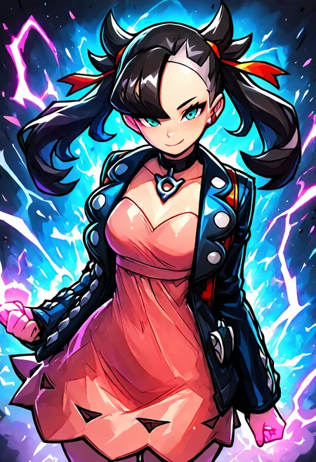 (masterpiece, best quality, good quality, very aesthetic, absurdres, newest:1.2), (curvy, medium breasts), zzMarnie, aqua eyes, black choker, red ribbon, pink dress, jewelry, black jacket, open clothes, long sleeves, ,<lora:MarniePokemon_NAI_v2:1.0>,, smile, looking at viewer, cowboy shot, aura, energy, electricity, dynamic pose, ,<lora:EnergyCAT_NAI:1.0>,