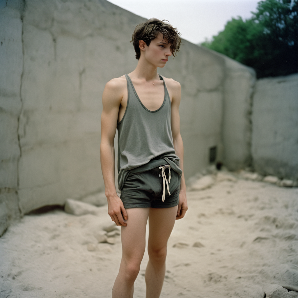 androgynous, male, full body, briefs, loose tank top, solo, photo, 35mm photograph, film, highly detailed, <lora:MaleMixXL:1>