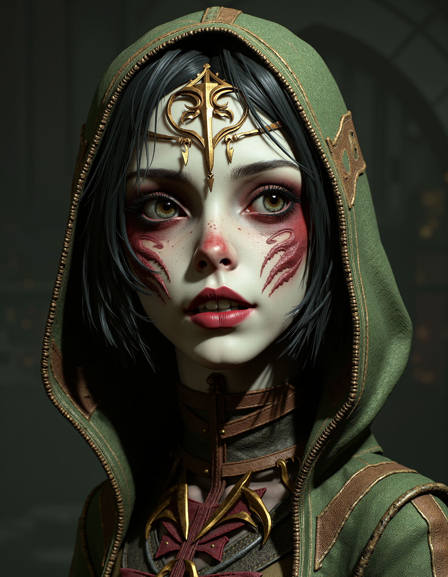zavy-lch, close-up view, dark fantasy art style, a young female lich looking mysteriously at the viewer, dark background, muted and earthy color palette with reds, greens, and golds.