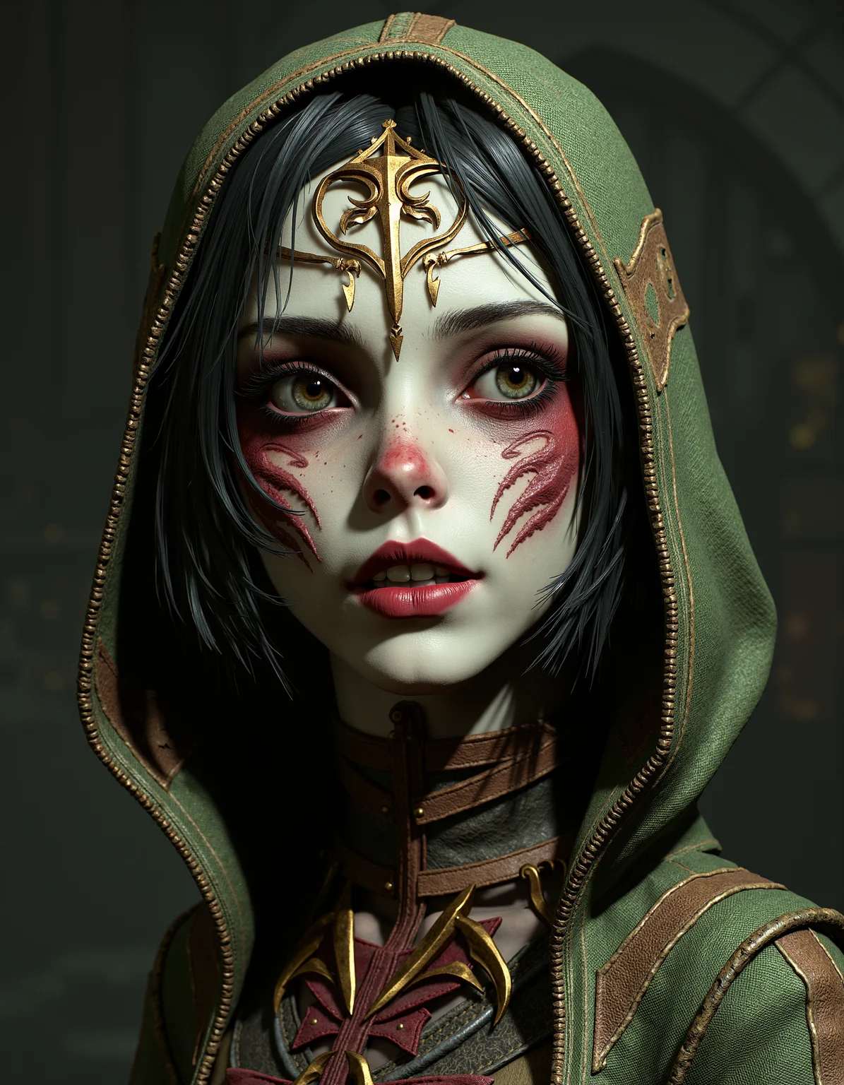 zavy-lch, close-up view, dark fantasy art style, a young female lich looking mysteriously at the viewer, dark background, muted and earthy color palette with reds, greens, and golds.