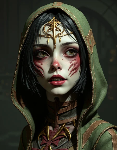 zavy-lch, close-up view, dark fantasy art style, a young female lich looking mysteriously at the viewer, dark background, muted and earthy color palette with reds, greens, and golds.