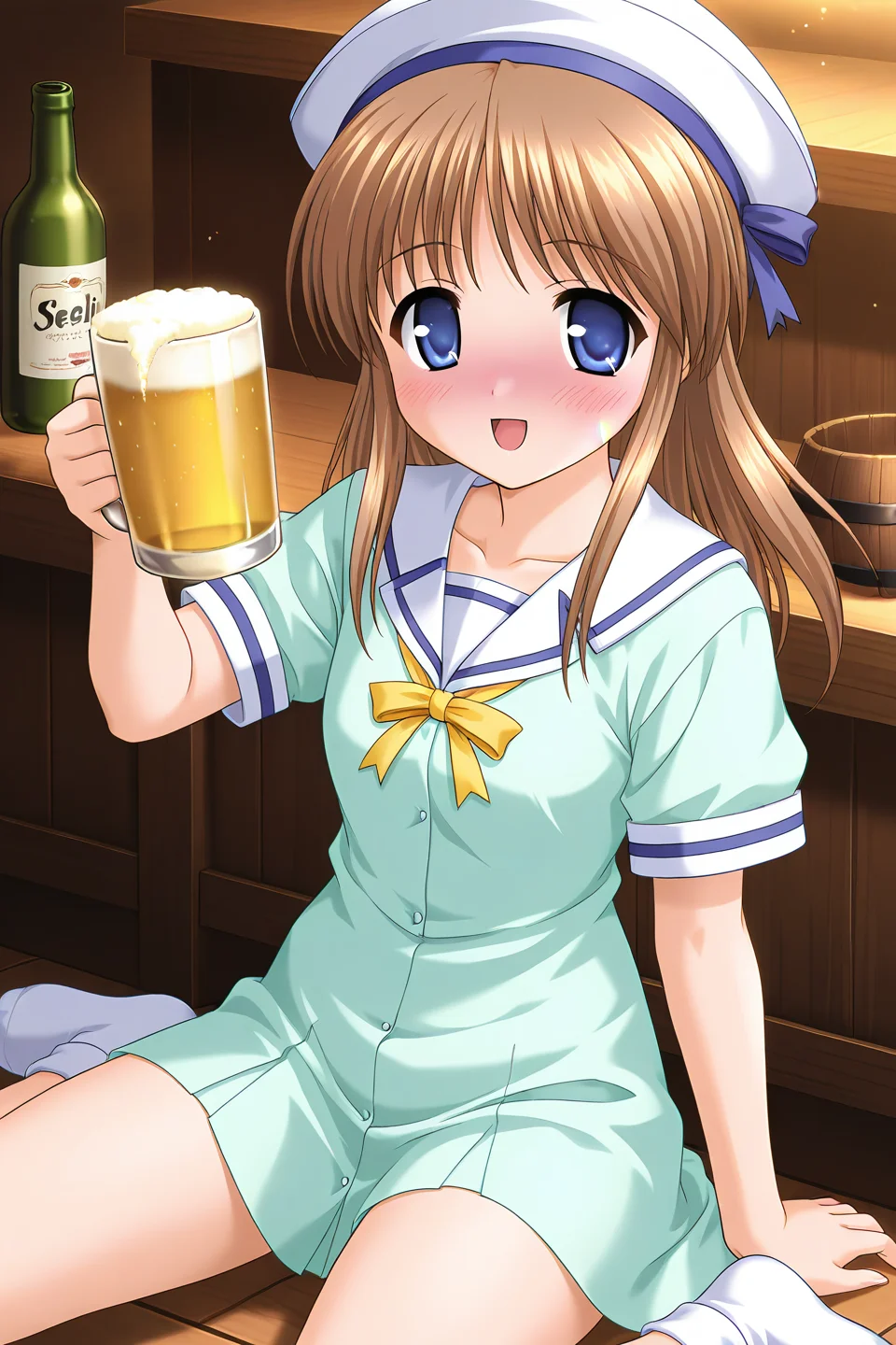 masterpiece, best quality, absurdres, official art, official style, rating general BREAK <lora:sylphycloud_IL_v1-1:0.7>, sylphy cloud, 1girl, solo, blue eyes, brown hair, long hair, bangs, flat chest, blush, sailor dress, looking at viewer, open mouth, short sleeves, cowboy shot, smile, :d, green dress, collarbone, puffy short sleeves, yellow bowtie, nose blush, hand on own chest, buttons, aqua dress, serafuku, skirt hold, short dress, white sailor collar, clenched hand, hand up, arm at side, small breasts, drunk, indoors, counter, wine bottle, beer barrel, holding cup, beer mug, sitting, wariza, on chair