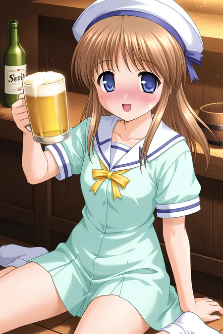 masterpiece, best quality, absurdres, official art, official style, rating general BREAK <lora:sylphycloud_IL_v1-1:0.7>, sylphy cloud, 1girl, solo, blue eyes, brown hair, long hair, bangs, flat chest, blush, sailor dress, looking at viewer, open mouth, short sleeves, cowboy shot, smile, :d, green dress, collarbone, puffy short sleeves, yellow bowtie, nose blush, hand on own chest, buttons, aqua dress, serafuku, skirt hold, short dress, white sailor collar, clenched hand, hand up, arm at side, small breasts, drunk, indoors, counter, wine bottle, beer barrel, holding cup, beer mug, sitting, wariza, on chair