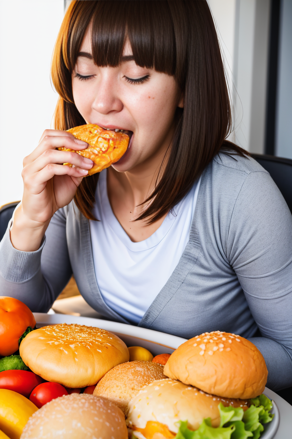 (Realisitc:1.5) gluttony, arm hair, grey jacket, eyelashes, vegetable, freckles, white tank top, orange shirt, bangs, chips (food), suit, <lora:EdobGluttony_v1.0:0.8>