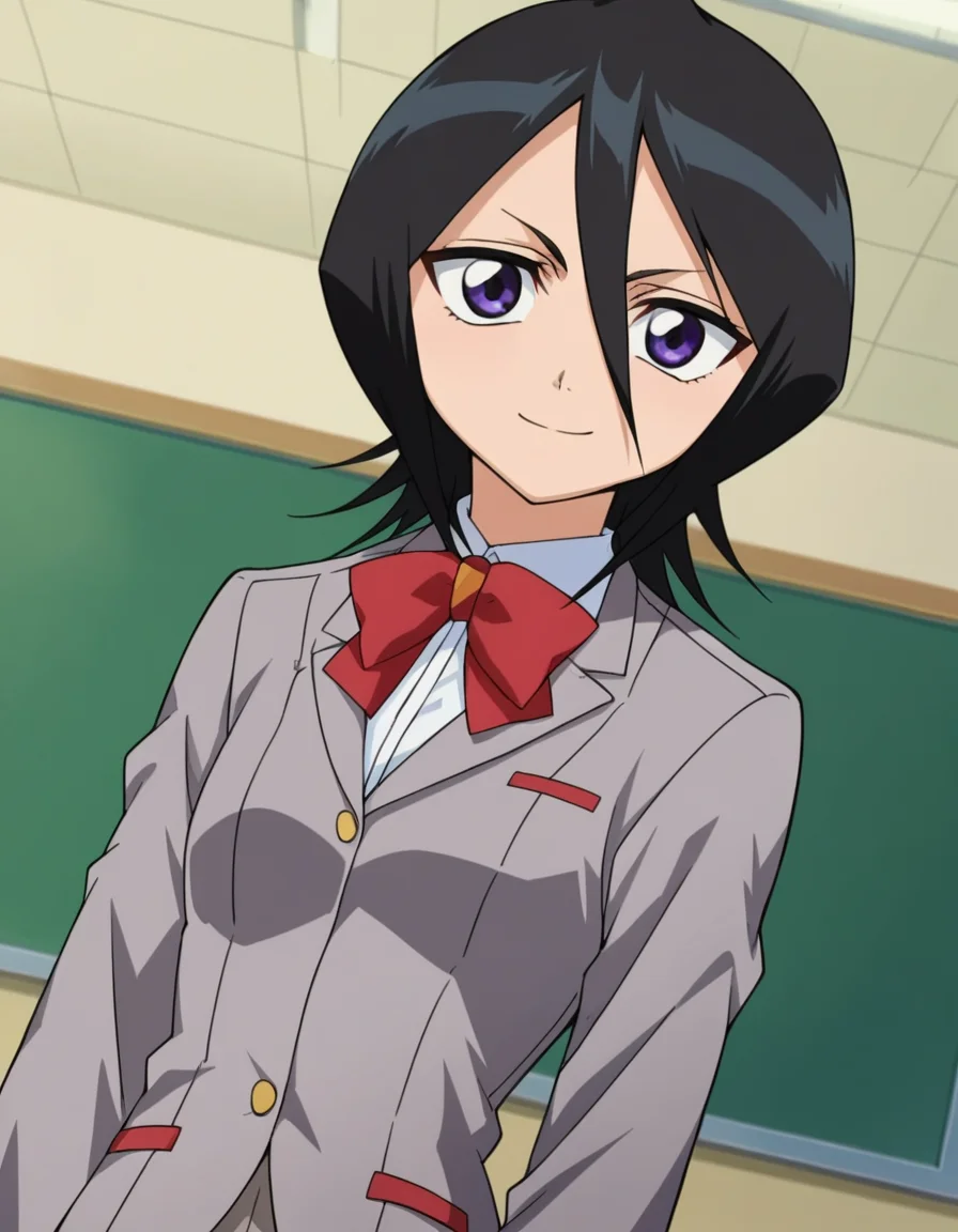 score_9, score_8_up, score_7_up, source_anime,
rukiakuchiki, <lora:rukia-kuchiki-s1-ponyxl-lora-nochekaiser:1>,
rukia kuchiki, black hair, hair between eyes, purple eyes, short hair,
skirt, bow, school uniform, jacket, blazer, grey jacket,
indoors, classroom, smile,
looking at viewer, cowboy shot, dutch angle,