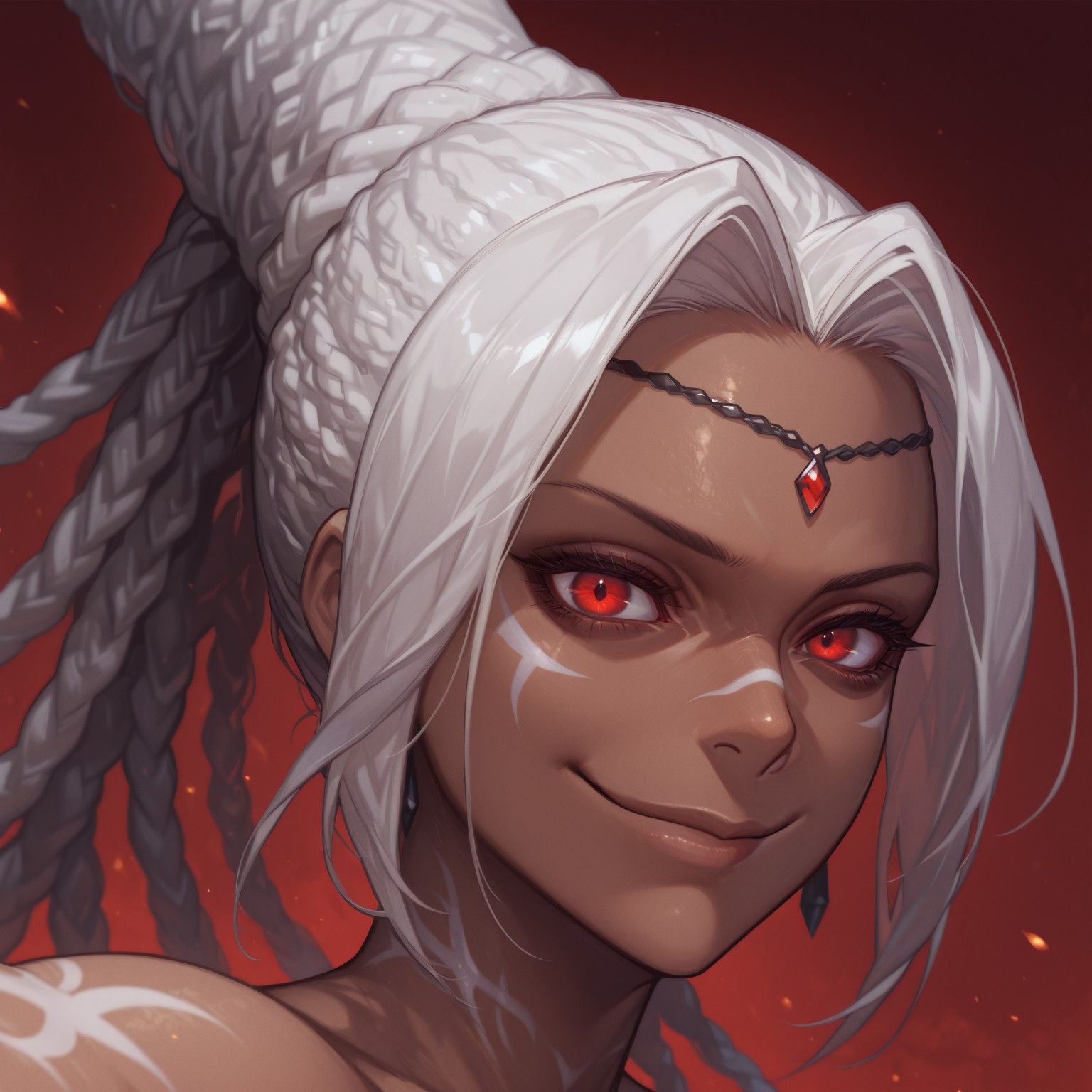 close-up, portrait, face focus, looking at viewer, evil smile, BREAK safe_pos, safe_pos, masterpiece, best quality, newest, realistic, solo, smile, , 3/4, 1girl,  Tatloch, dark-skinned female, red eyes, white hair, long hair, braid, dreadlocks, ((white tattoo:2, sharp features:1, villain:1, closed mouth:1, mature:1)), BREAK, red background, fire