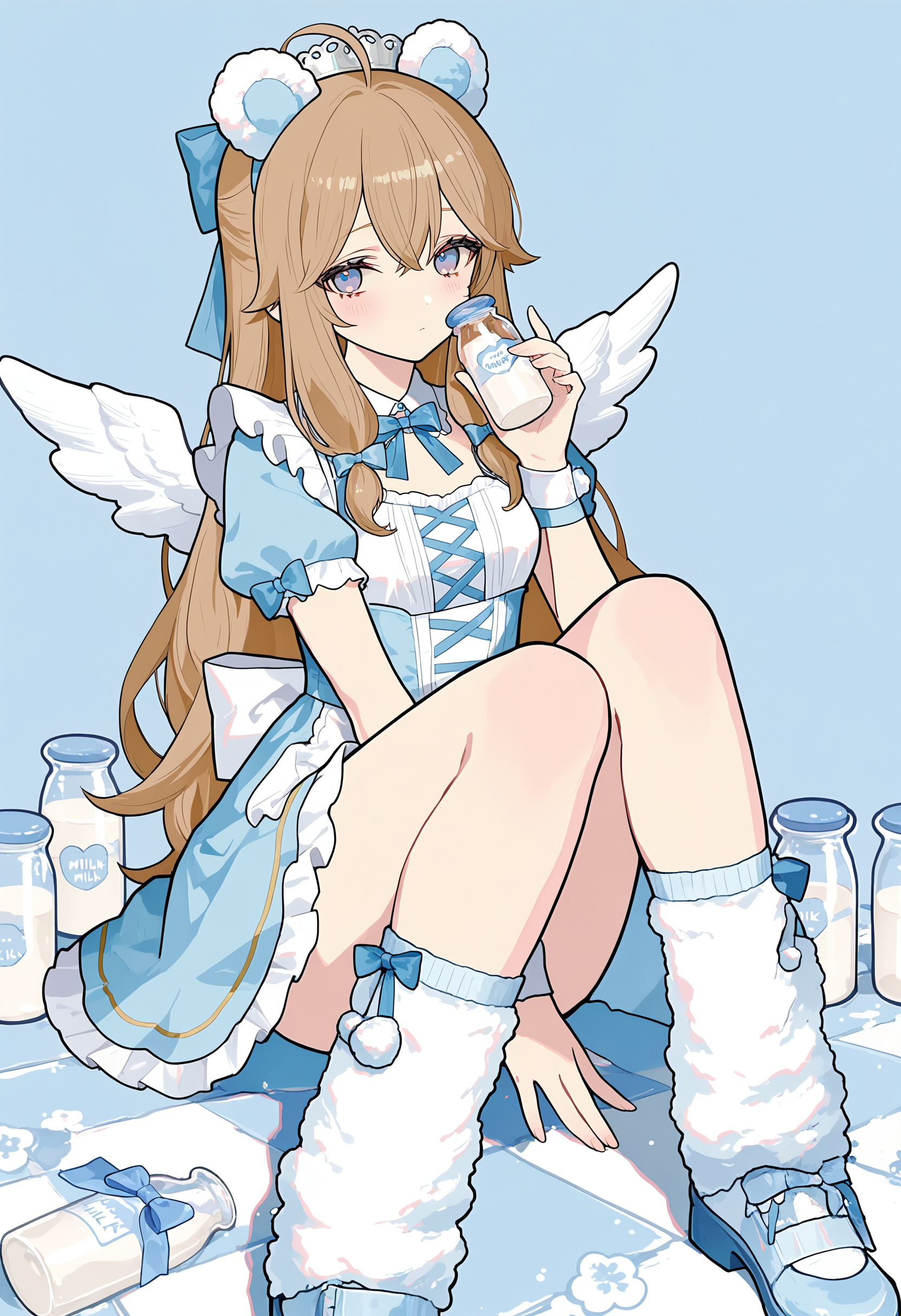 1girl,ahoge,long hair,blue eyes,brown hair,jiaran\(asoul\),bow,
akakura,
sitting,teddy bear,maid outfit,(blue theme),(cute expression),holding milk bottle,crown,frills,(pastel colors),(milkmaid aesthetic),(checkerboard floor),thigh high socks,fluffy leg warmers,detailed shoes,soft wings,(adorable details),ribbons,(gentle lighting),cozy atmosphere,(bright and dreamy),(detailed eyes),(smooth shading),(fantasy vibe),milk bottles,sitting pose,(clean background),best quality,highly detailed,anime style,(calm and healing mood),masterpiece,best quality,amazing quality,very aesthetic,absurdres,highres,closed mouth,
<lora:Dianatest2-000016:0.7>,<lora:748cmSDXL:0.7>,