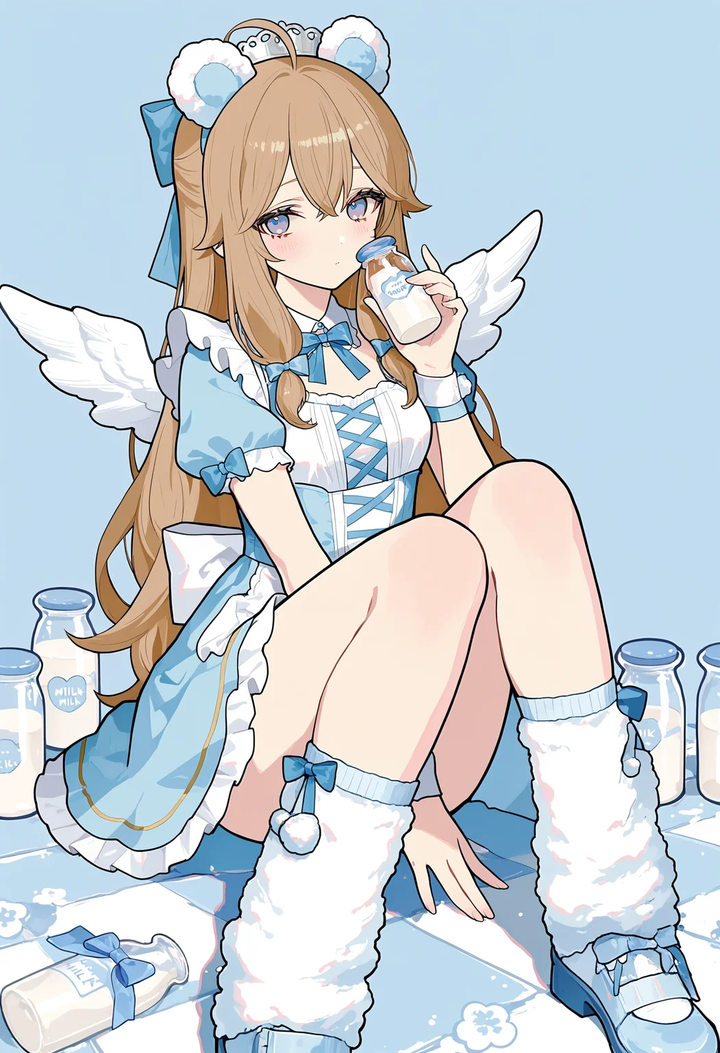 1girl,ahoge,long hair,blue eyes,brown hair,jiaran\(asoul\),bow,
akakura,
sitting,teddy bear,maid outfit,(blue theme),(cute expression),holding milk bottle,crown,frills,(pastel colors),(milkmaid aesthetic),(checkerboard floor),thigh high socks,fluffy leg warmers,detailed shoes,soft wings,(adorable details),ribbons,(gentle lighting),cozy atmosphere,(bright and dreamy),(detailed eyes),(smooth shading),(fantasy vibe),milk bottles,sitting pose,(clean background),best quality,highly detailed,anime style,(calm and healing mood),masterpiece,best quality,amazing quality,very aesthetic,absurdres,highres,closed mouth,
<lora:Dianatest2-000016:0.7>,<lora:748cmSDXL:0.7>,