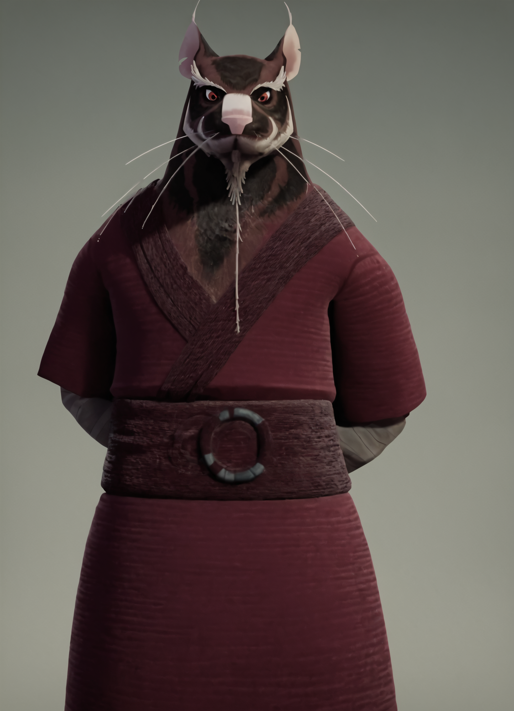 <lora:Splinter2.0:1> splinter, brown fur, whiskers, rat, animal, 1boy, looking at viewer, male focus, robe, furry male, red eyes, bandages, sash,, looking at viewer, cowboy shot, score_9, score_8_up, score_7_up, score_6_up, score_5_up, score_4_up,simple background, arms behind back,