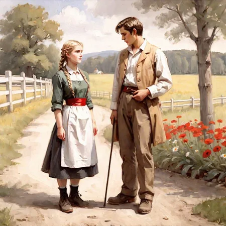 Oil painting, day, (((2persons))), outdoors, (summer), a young woman stands in the center, a young man stands next to her in the left part of the image. She is (barefoot), wearing a black ankle-length skirt with [[red flowers]], covered by a white apron, a red waistcoat and belt, and a white shirt with rolled up sleeves, her blonde hair is braided with a red ribbon. She looks at the small (daisy) in her hands. He is standing with a cane and looking at her, a brown coat is draped over his back, his hands are not in sleeves, a light straw hat is on his head, gray trousers are tucked into black boots. In the right part of the image behind are [two turkeys]. In the background is a wooden fence, behind which is a (green forest). ng_deepnegative_v1_75t