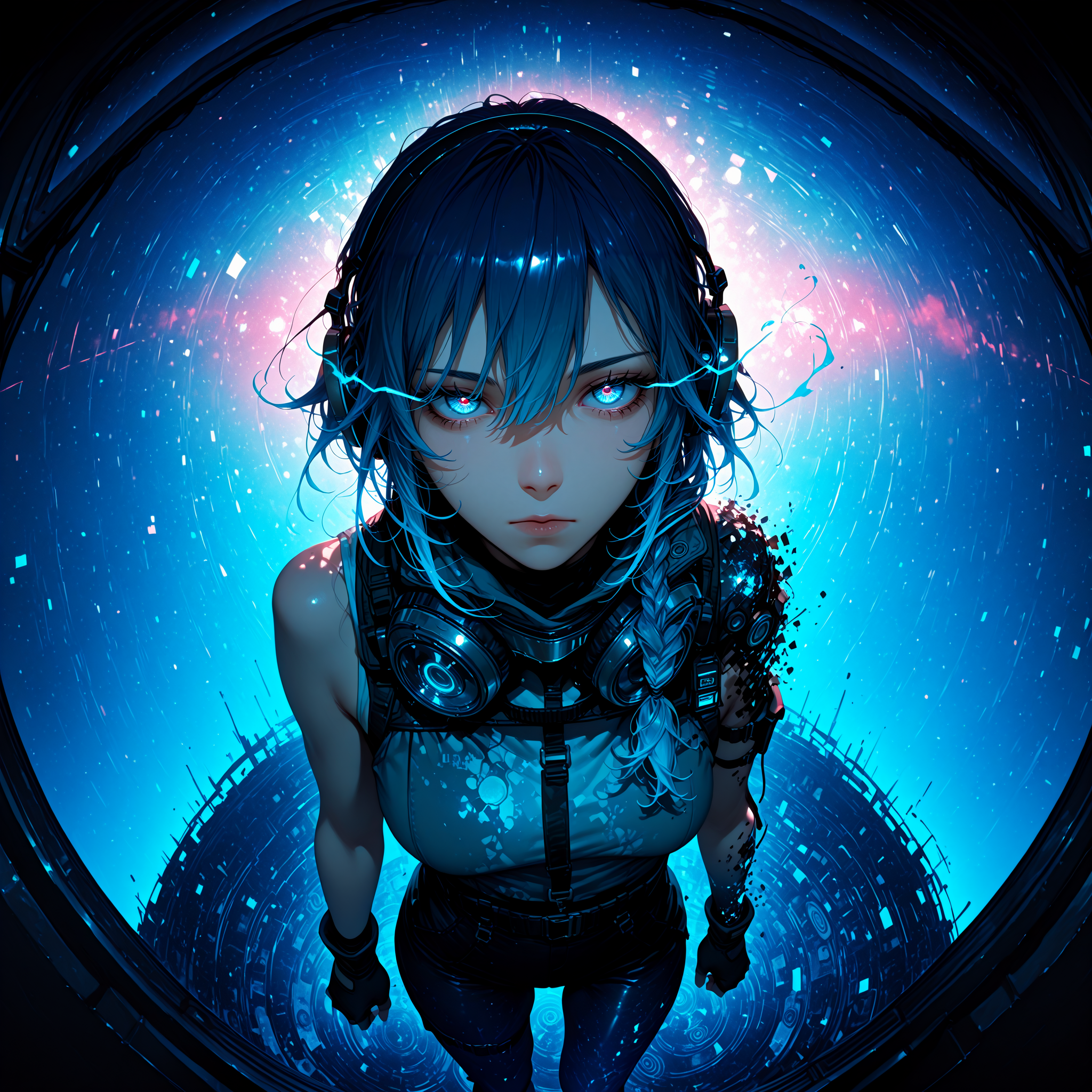 masterpiece, best quality, good quality, newest, highres, absurdres, 8K, realistic, bright colors, multicolored background, creative angle, fisheye, 1girl, sleeveless, standing, looking at viewer, fingerless gloves, medium hair, braided ponytail, blue hair, gradient hair, goggles, headphones, expressionless, eye trail, (dynamic pose,:1.2), (lineless:1.2), (distortion effect:0.9), (disintegration effect:1.1),  <lora:Creative-Angle_v2_NAIXL:0.7> <lora:add-detail-xl:1.5>
 <lora:unfazed mixed gothic - IL:0.8>