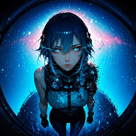 masterpiece, best quality, good quality, newest, highres, absurdres, 8K, realistic, bright colors, multicolored background, creative angle, fisheye, 1girl, sleeveless, standing, looking at viewer, fingerless gloves, medium hair, braided ponytail, blue hair, gradient hair, goggles, headphones, expressionless, eye trail, (dynamic pose,:1.2), (lineless:1.2), (distortion effect:0.9), (disintegration effect:1.1), <lora:Creative-Angle_v2_NAIXL:0.7> <lora:add-detail-xl:1.5>
<lora:unfazed mixed gothic - IL:0.8>