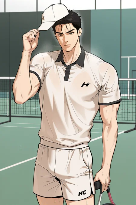 <lora:jaekyung-IL:0.8>,jaekyung,black hair,black eyes,tennis_uniform,standing,holding hat,looking at viewer,sweat,tennis court,cowboy shot,1boy,solo,yaoi,bara,male focus,masterpiece,best quality,amazing quality,nsfw,uncersored,highres,best quality,amazing quality,best aesthetic,absurdres,