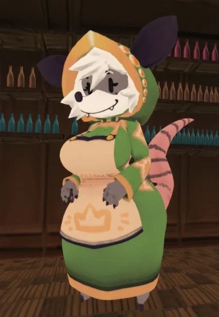 voluptuous female, furry opossum, apron, grey body, white hair, smile, green robe, hood, tail, animal nose, animal ears, shopkeeper, s wooded floors, Sally, fangs, black nose