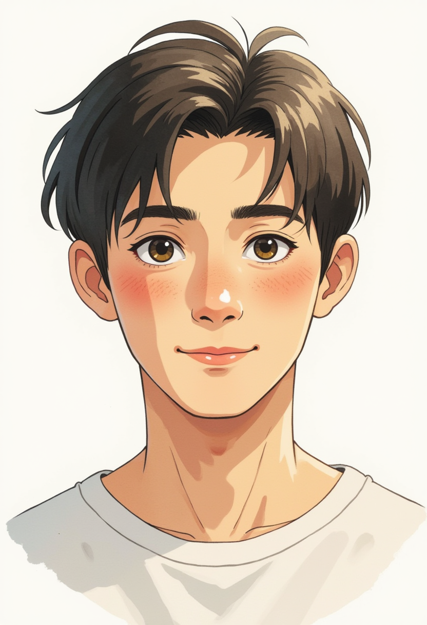 A wistful watercolor anime style portrait of a young man with a gentle smile, serene expression, ethereal atmosphere, light background, soft lighting