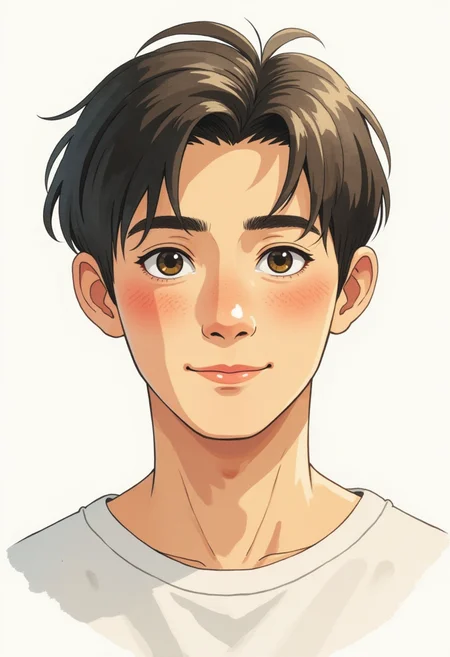 A wistful watercolor anime style portrait of a young man with a gentle smile, serene expression, ethereal atmosphere, light background, soft lighting