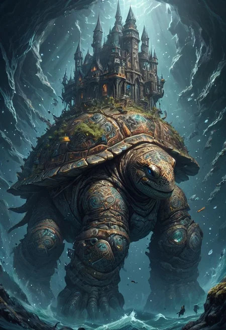Big enormous giant energy turtle with magical fantasy city on its back, swimming in a monster ocean