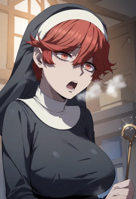 score_9, score_8_up, score_7_up, score_6_up, source_anime, rating_explicit, 1girl, solo, huge breasts,<lora:Jemina prefectPonyxl:1> red hair, red eyes, hair between eyes, freckles, orange eyes, short hair, traditional nun, habit, black dress, long sleeves, surprised, sad, open mouth, Narrow shoulders, heavy breathing, steaming body, catheter, indoors, looking at viewer