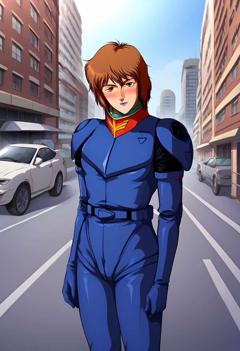 rezin schneider, brown short hair, blue lips, blue pilotsuit,solo, outdoors, street, city, buildings, blush, looking at viewer, cowboy shot, colorful, vivid