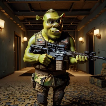 score_9, score_8_up, score_7_up, source_furry, 1boy, solo, BREAK 
shrek, green skin, laughing, ((cash and gold scattered around)), BREAK
Insane quality, <lora:Holding_Weapon_Lora_-_For_Pony_models:1> ho1ding-weap0n, (holding rifle:1.2), military, night, ((inside base environment, inside base, tank)), dark eerie night, (((((wearing military outfit:1.2)))))