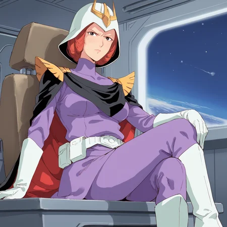 score_9,score_8_up,score_7_up, orgasm face, shiny oild skin, wet, sweat,
FGKyciliaM, 1girl, solo, red hair, helmet, mask, no ears, black eyes, breasts, 
military uniform, belt, cape, white gloves, pants, knee boots, 
looking at viewer, sitting, crossed legs, serious, v-shaped eyebrows, 
BREAK spacecraft interior, window, space,
 <lora:FGKycilia:0.95>