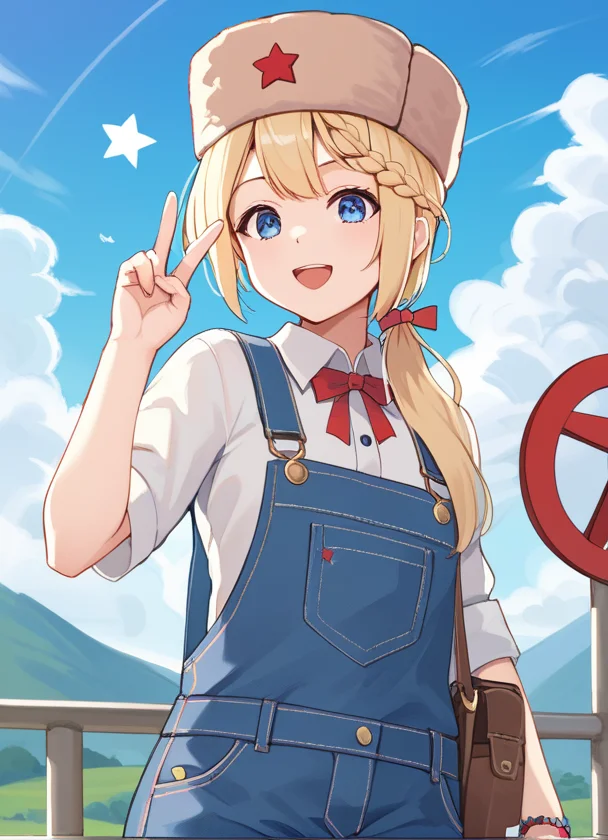 <lora:PPSH-41_Girls_Frontline:.8> ppsh41, braided hair, long hair, blue eyes, blonde hair, (beige  fur hat), ushanka, star (symbol), overalls with red star symbol, tube top, single hand giving peace sign, blue sky, score_9, score_8_up, score_7_up, masterpiece, high quality, 8K