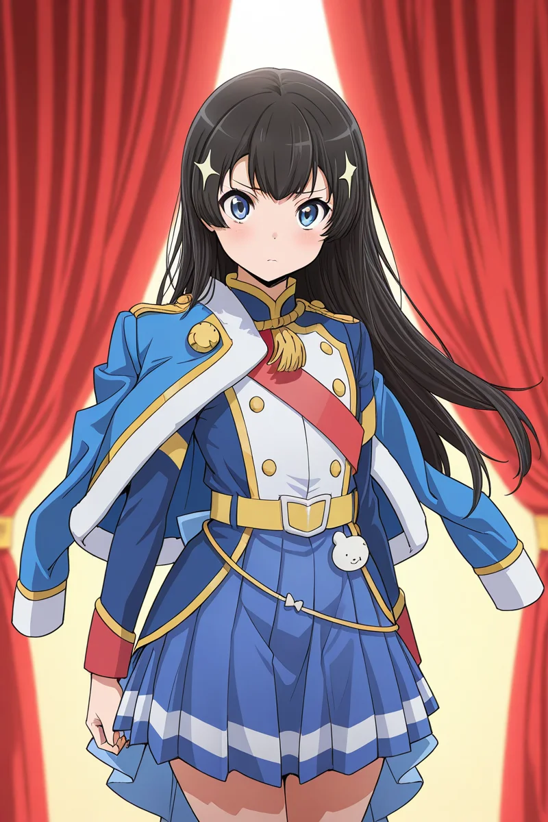 masterpiece, best quality, amazing quality,
<lora:Hikari_IL:1> hikari, 1girl, long hair, skirt, solo, black hair, jacket on shoulders, jacket, yellow belt, blue skirt, pleated skirt, looking at viewer, stage outfit, red curtains