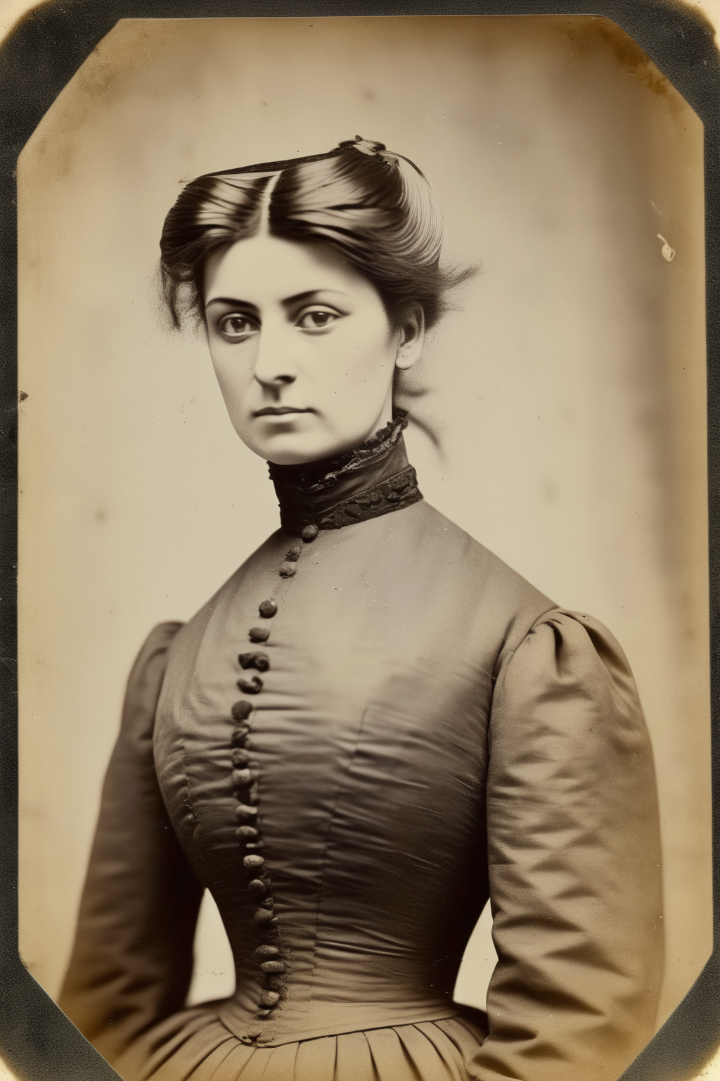 <lora:Albumen Print:1>Albumen Print - a faded scratched daggueratype style head and shoulders photograph of an Italian woman facing the camera straight on wearing conservative dress with a high collar with fancy styled hair in a photography studio in London, England in 1867