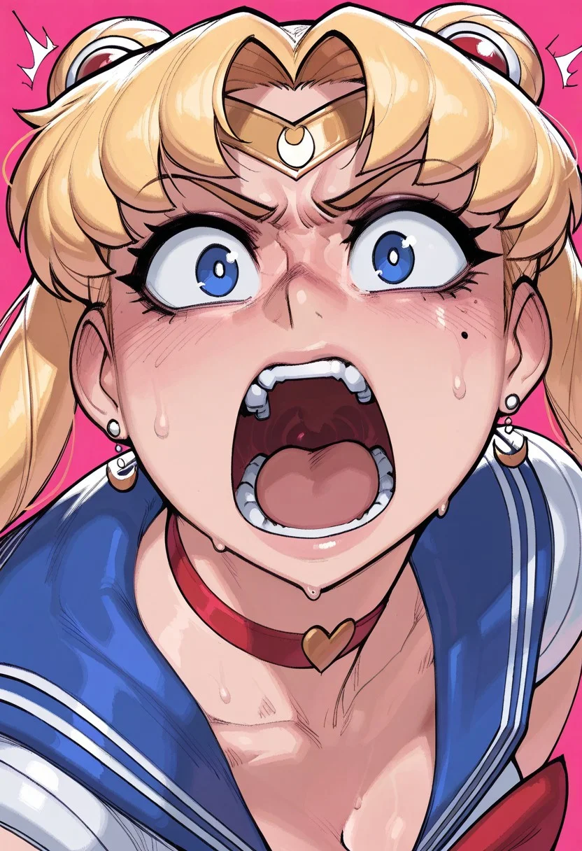 krekkov, (pixelsketcher:0.5), masterpiece, best quality, high quality, absurdres, very awa, newest, solo_focus, anime, fisheye view.
sailor moon, blonde hair, blue eyes, open mouth, aggressive, surprised, angry.
pink background