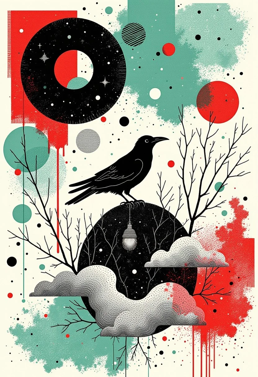 A minimalist, psychedelic green red, abstract hand-drawn style using only clean, geometric shapes to create structure and definition. [An image with intricate cross-hatching, dense linework, and stippling for rich textures and shading. Incorporate smooth, organic details like fog and crow, arranged with deliberate precision to convey realism and control.]. The rendering relies on bright, open spaces and crisp whites, avoiding deep shadows, for a polished, weightless aesthetic. Figures and forms are softened, natural, and delicate, enhancing a serene, harmonious tone. The careful balance of light line weight and gentle gradients removes visual tension, resulting in a calm, atmospheric composition with an odd, quiet charm.