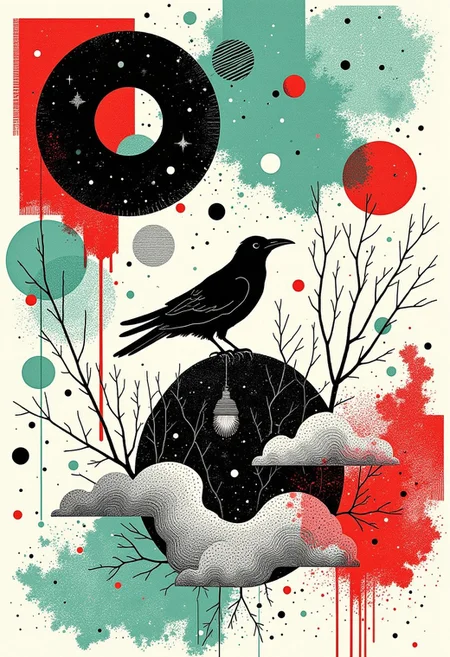 A minimalist, psychedelic green red, abstract hand-drawn style using only clean, geometric shapes to create structure and definition. [An image with intricate cross-hatching, dense linework, and stippling for rich textures and shading. Incorporate smooth, organic details like fog and crow, arranged with deliberate precision to convey realism and control.]. The rendering relies on bright, open spaces and crisp whites, avoiding deep shadows, for a polished, weightless aesthetic. Figures and forms are softened, natural, and delicate, enhancing a serene, harmonious tone. The careful balance of light line weight and gentle gradients removes visual tension, resulting in a calm, atmospheric composition with an odd, quiet charm.