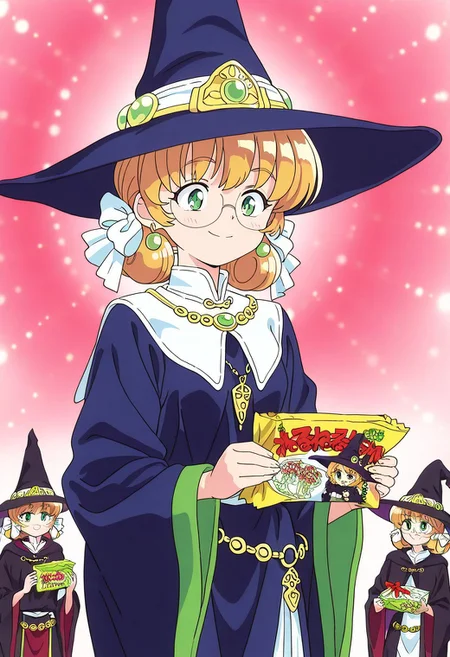 anime
official art,
<lora:nerunerunerune:1>, nerunerunerune,
solo, glasses, smile, parody, solo focus, radial light panel,
1girl, umai!, meme, holding package,
(masterpiece:1.3), best quality, high resolution, unity 8k wallpaper, extremely detailed CG, 8K, (watercolor \(medium\), muted color, sketch:1.1), perfect anatomy, highly finished, masterpiece, best quality, high quality, amazing quality, great quality, very aesthetic, ultra detailed, highres, absurdres, highly detailed, highly detailed background,
Meruru, 1girl,solo, green eyes, witch hat, blonde hair, twintails, short hair, hair ribbon, white ribbon, green jewelry, earrings,
witch, robe, blue dress, necklace, blue headwear,
simple background
(1 girl only in the composition)