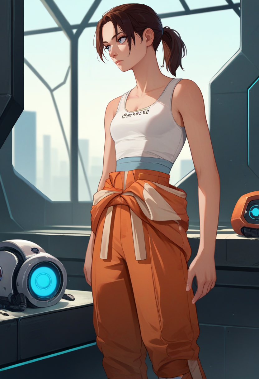 score_9, score_8_up, score_7_up, source_anime, solo, 1girl, chell, expressionless, looking away, standing, ponytail, white tank top, clothes round waist, orange jumpsuit, science fiction, indoors <lora:portal_chell_ponyXL:1>