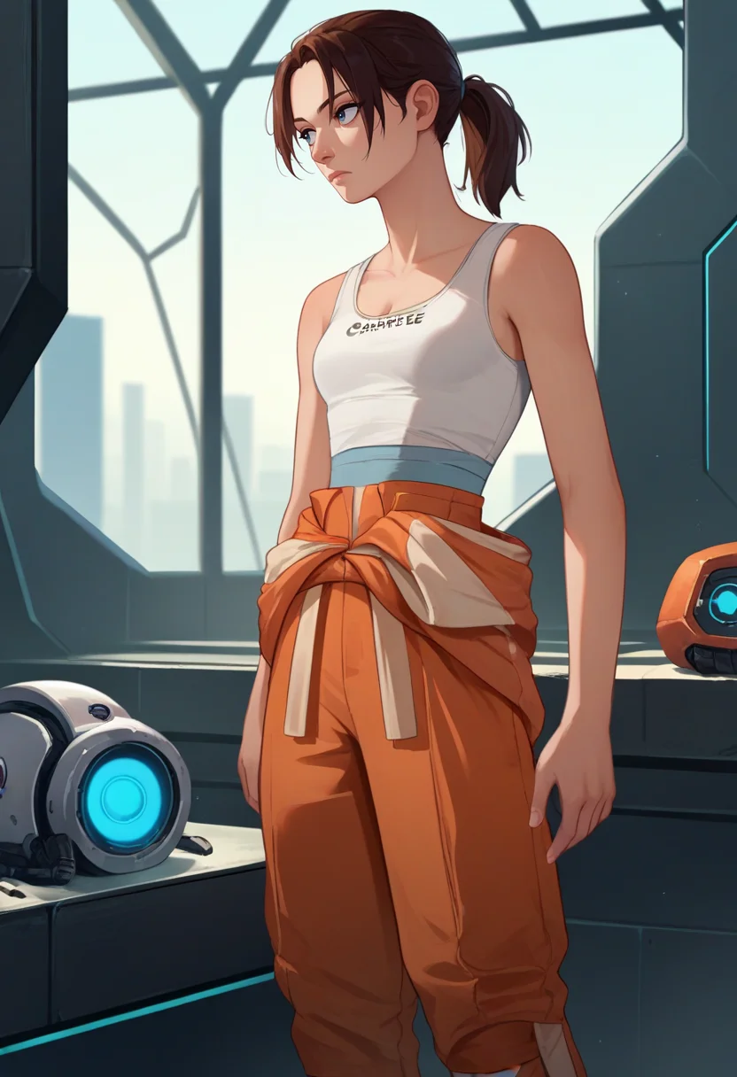 score_9, score_8_up, score_7_up, source_anime, solo, 1girl, chell, expressionless, looking away, standing, ponytail, white tank top, clothes round waist, orange jumpsuit, science fiction, indoors <lora:portal_chell_ponyXL:1>