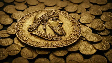 cinematic film still of <lora:spartan style v2:1>
In 480 B.C. a gold coin with a Persian face on it,simple background,food,no humans,black background,realistic,planet,food focus,still life , realistic, realism, photorealism, hyperrealism, hyperrealistic, realistic, sharp, detailed, cinematography style, film light style, movie still, professional photography, artistic, perfection, contrast, cinematic, filmic, high quality photo, 8k quality, colorful, photography style, different people, war, warrior, armor, spartan style, shallow depth of field, vignette, highly detailed, high budget, bokeh, cinemascope, moody, epic, gorgeous, film grain, grainy