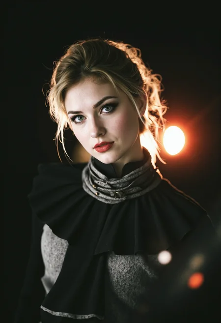 Surprise snapshot photo depicting a young icelandic woman, on a surreal beach with warm, natural lighting highlighting her features. The focal point of the profile shot is the woman's face, giving only a glimpse of her narrow shoulders, accentuated by an avant-garde neck adornment. Her striking hazel eyes are adorned by dark eyeliner complemented by dramatic false lashes in an avant-garde style, in addition to matte crimson lipstick on her narrow lips. She wears her blonde hair in a messy updo style, with feathered bangs. Her sunny demeanor appears curious and blissful, her head tilted up, staring upwards, emphasizing the optimistic mood of the image. She is wearing a neckpiece made from a rough felt with a large collar featuring multiple rows of vertical bands with buckles, like belts, giving it a distressed and organic appearance, dramatically obscuring part of her face. Set on a black, sandy beach, glistening in the sunlight like onyx with a red morning sun low in the clear sky, indicating an early hour around sunrise.