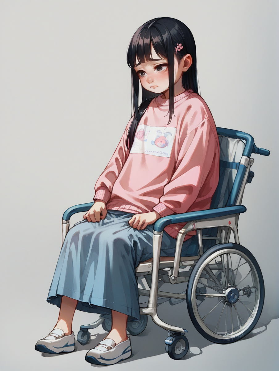 score_9,score_8_up,score_7_up,score_6_up,score_5_up,score_4_up,
1girl, asian girl, pretty, sorrowful, sad, black hair, thick pink sweater, wheelchair,
 <lora:sk3tchw4t3rXLP:0.8> sk3tchw4t3r,
 <lora:Photo 2 Style SDXL_LoRA_Pony Diffusion V6 XL:0.6>
 <lora:age_slider_v4:-4>