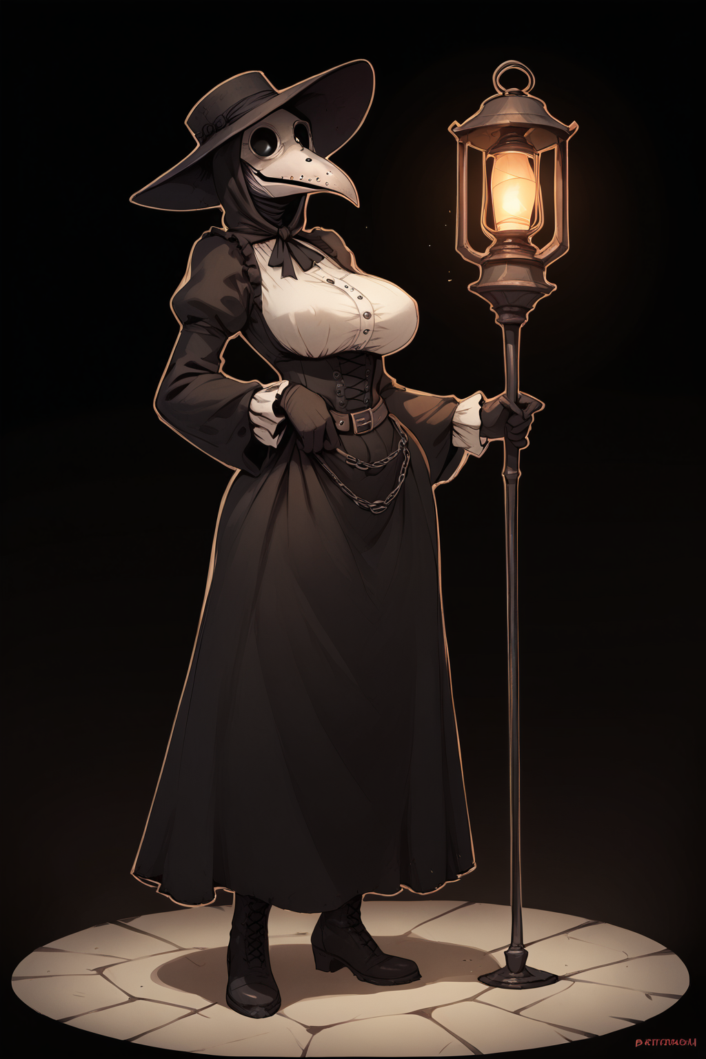 score_9, score_8_up, score_7_up, score_6_up, score_5_up,  BREAK,
1girl, solo, <lora:PlagueDoctor-000008:0.9> plague doctor,  mask, black eyesockets, black eyes, skinny,hat, 
full body, big breasts, pawg,
boots,
lantern, belt with tools,
dungeon, laboratory, dark,
sideview,
red, black background, red outline, victorian, gothic,
 <lora:housou:0.5>, <lora:IncaseLycoXL:0.5>,