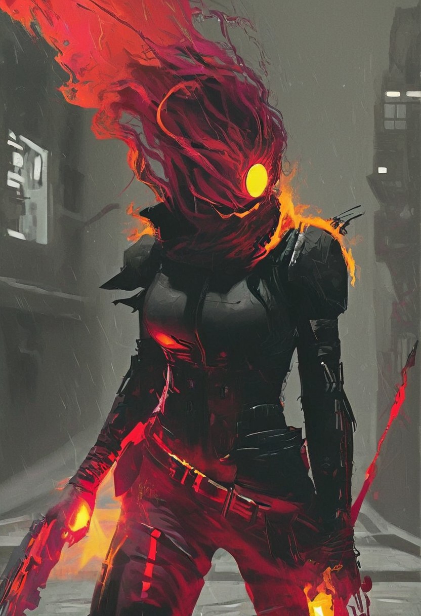 high-contrast palette, subtle grain, timeless feeling, cinematic quality, modern art photograph, cells woman wearing a black suit with a black shirt with a black vest with a black necktie, burning-head, Create a close-up image of a cyberpunk assassin with translucent yellow and dark-red burning-head, her long, disheveled long translucent ethereal hair blows in the wind, ethereal billowing hair,