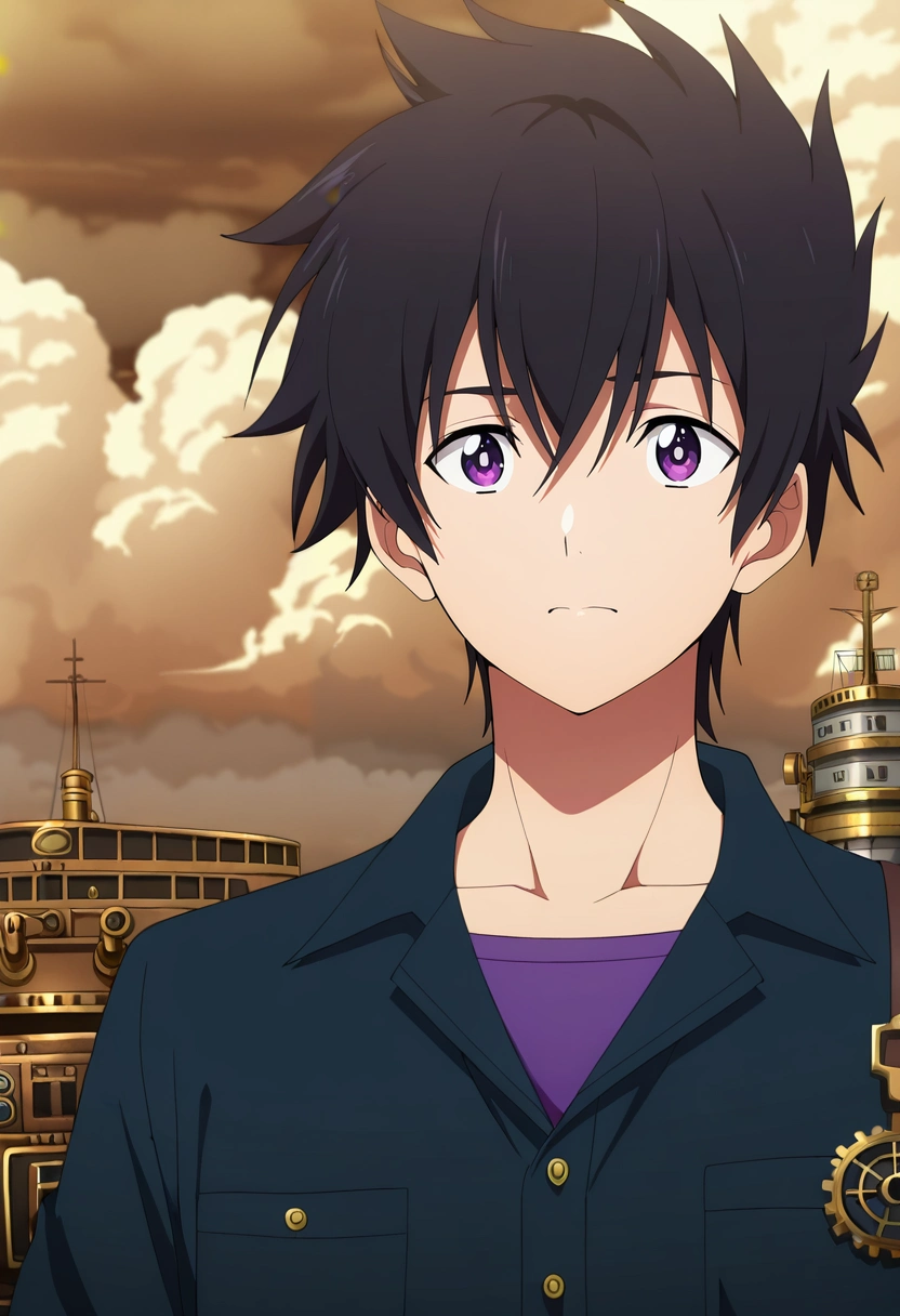 masterpiece, best quality, intricate details, anime screencap, anime coloring, official style,, 1boy, solo, male focus, <lora:ryuunosuke_minakata_ilxl:0.94>, ryuunosuke_minakata, black hair, purple eyes, short hair, bangs, hair between eyes, steampunk port, brass ships, steam clouds, gear mechanisms, working pose, busy expression, afternoon,