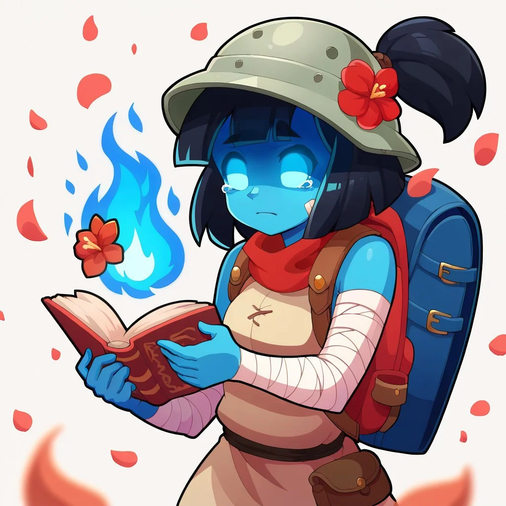 score_9, score_8_up, WakfuMMOArt, half body, medium shot, cartoony, 2d, highres, 1girl, solo, black hair, backpack, helmet, simple background, open book, closed mouth, holding book, bandage sleeves, flower, solo, petals, fire, holding flower, blue fire, blurry, holding, clenched hand, colored skin, red flower, tears running down, ghost, sacrier, no pupils, glowing eyes, translucid,